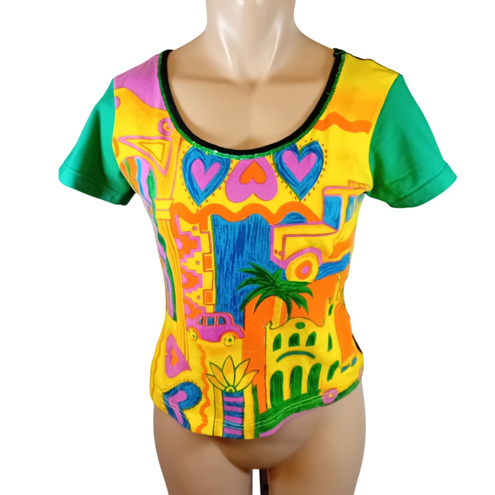 Vintage 90s Y2K Como Fred David Art Pop Tropical Crop Top Whimsigoth Sequins S